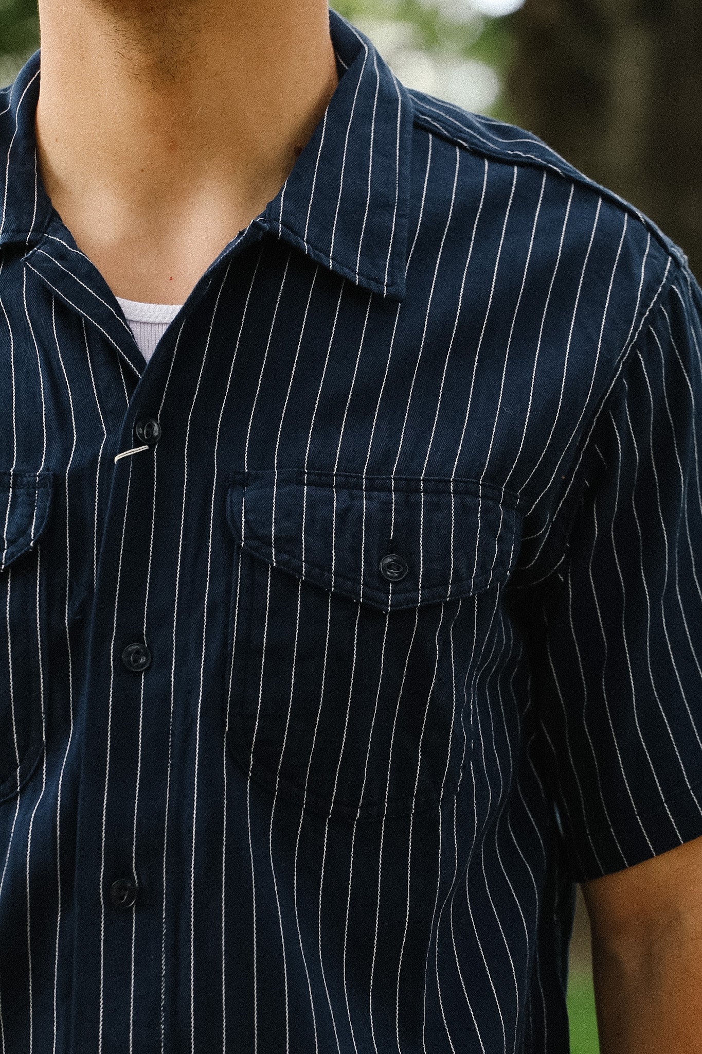 SC38699 Sugar Cane Coke Stripe Short Sleeve Work Shirt- Navy
