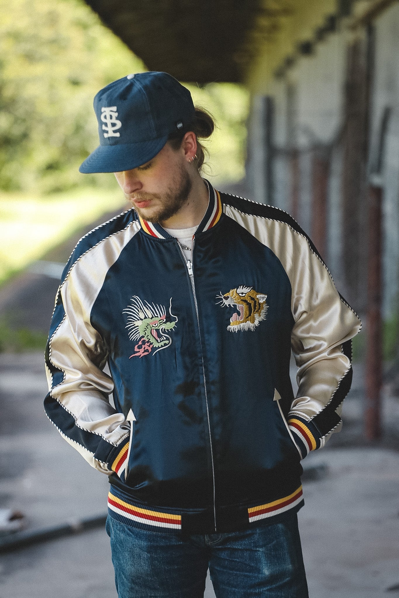 FN-OJ-SV006 The Flat Head Reversible Souvenir Jacket- Tiger/Pagoda