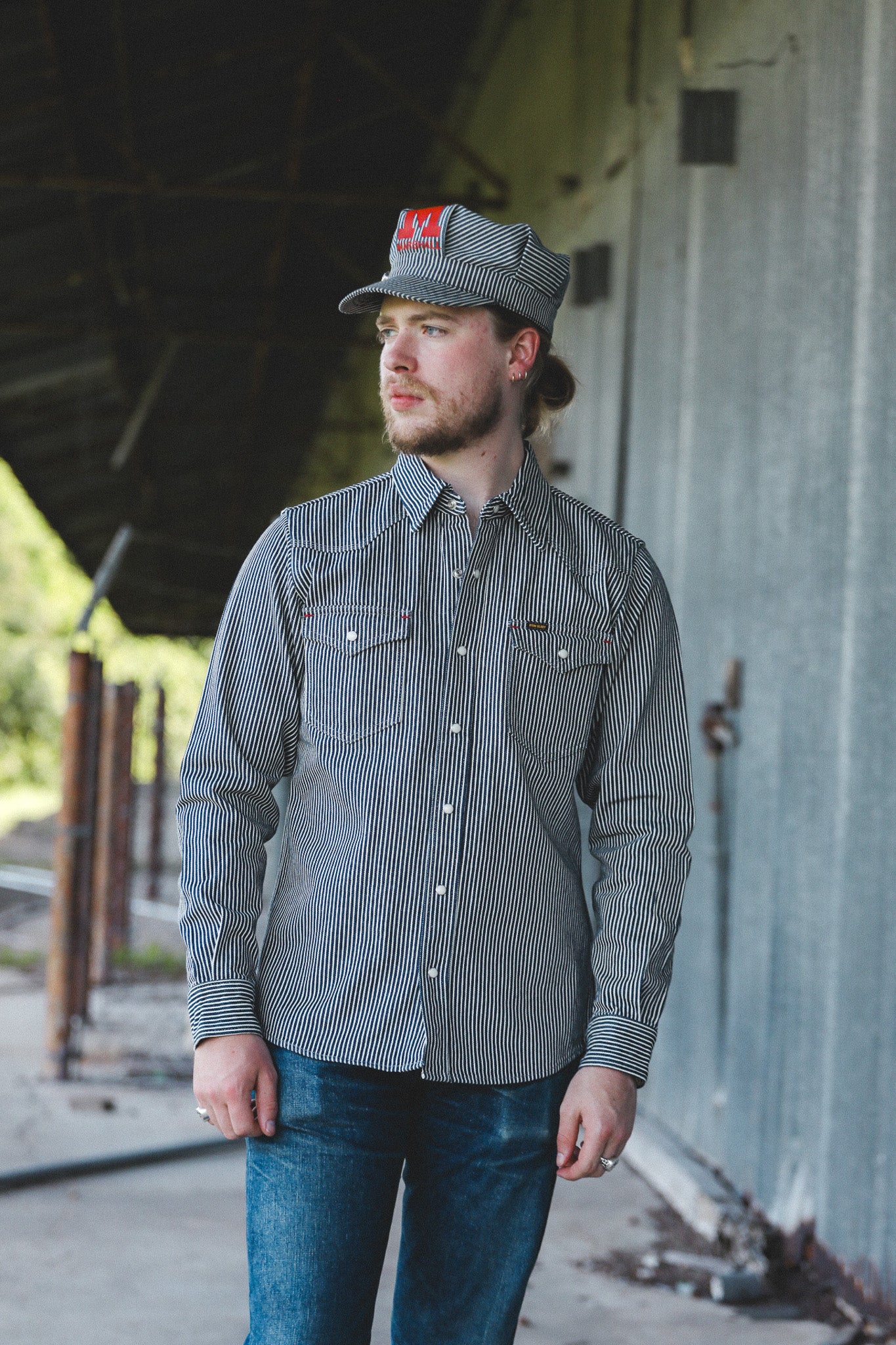 IHSH-07-IND Iron Heart 12oz Hickory Stripe Western Shirt - Indigo
