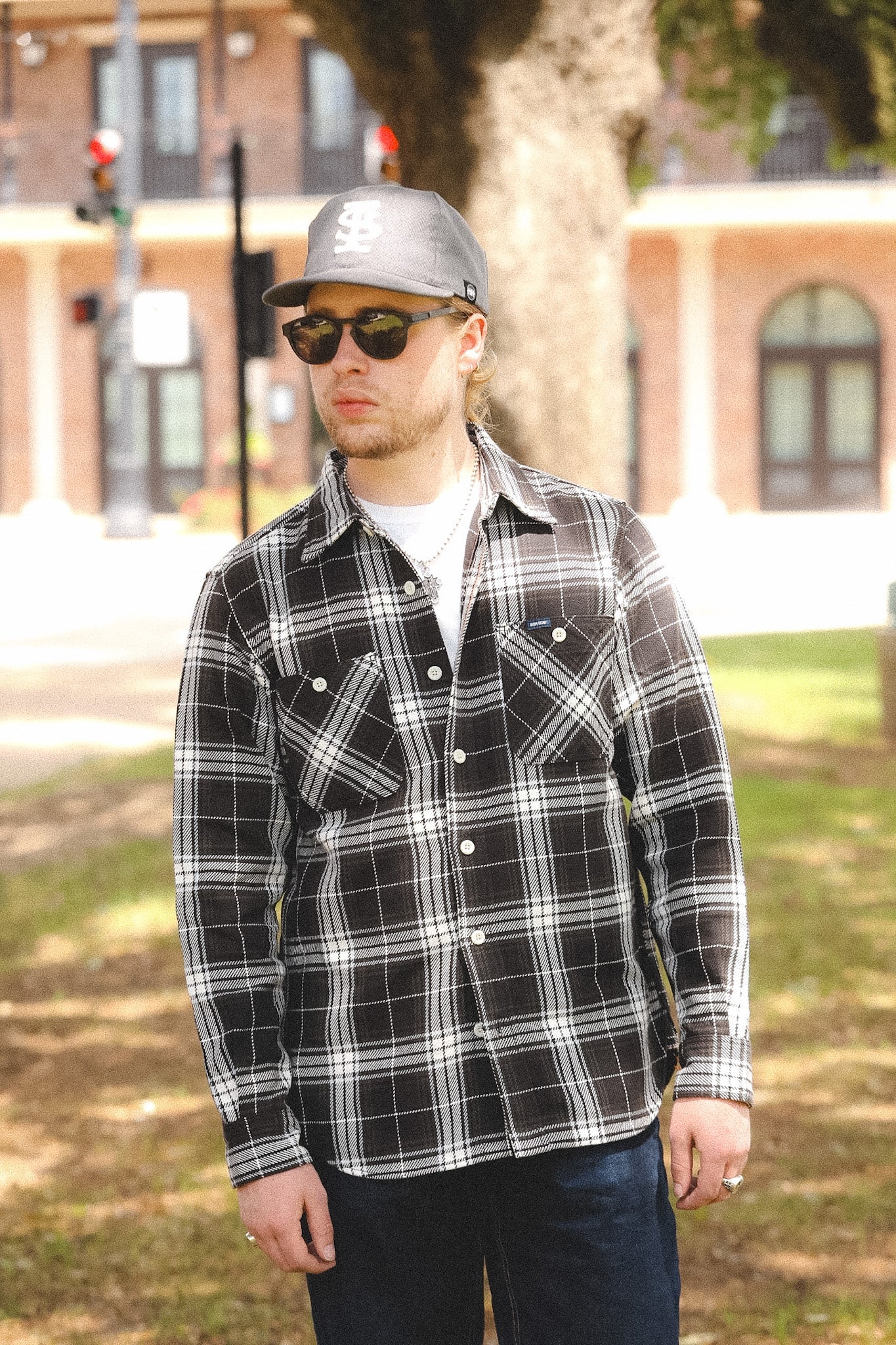 IHSH-441-BLK Iron Heart 9oz Selvedge Flannel Check Work Shirt