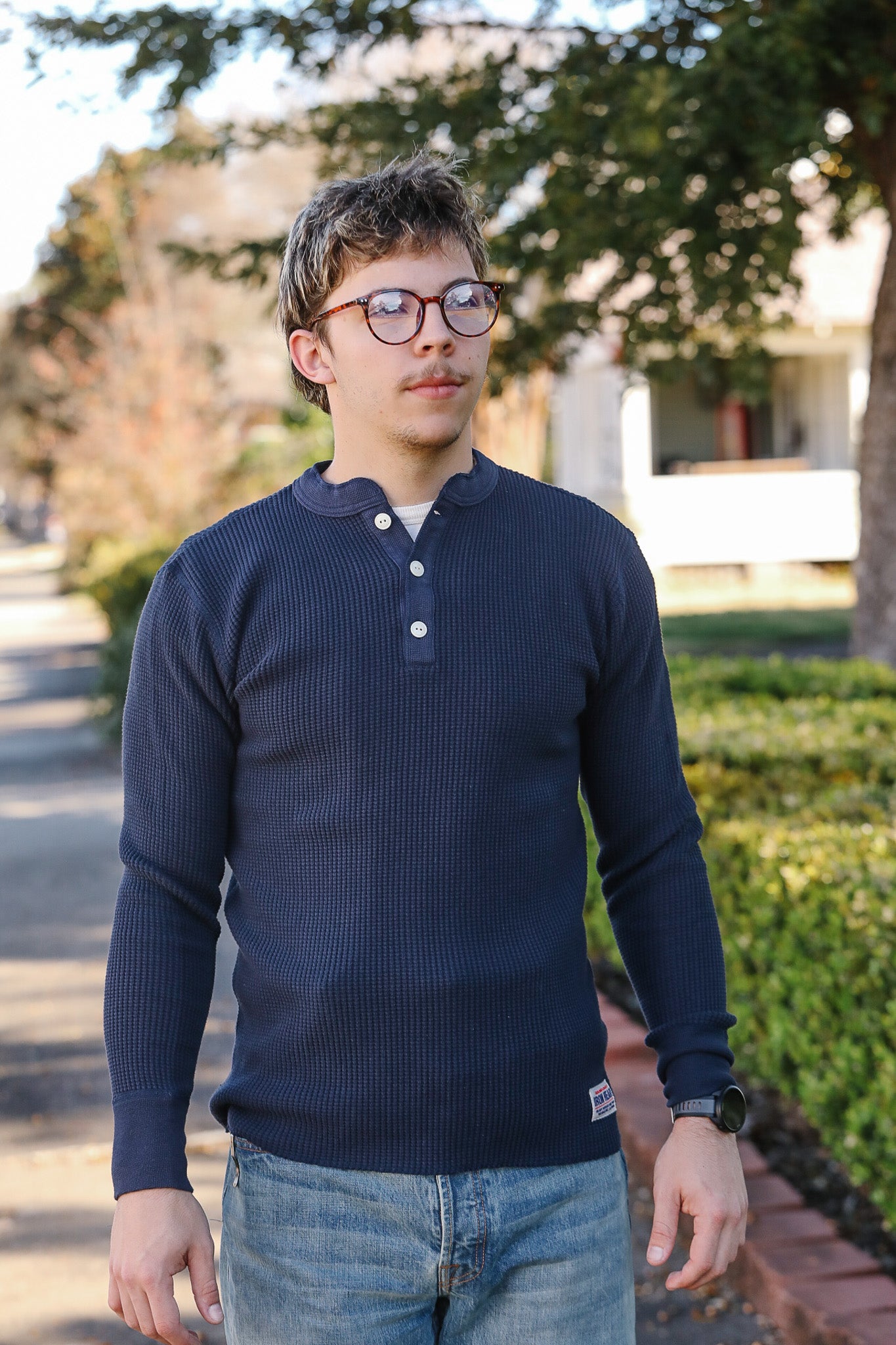 IHTL-1213-NVY Waffle Knit Long Sleeved Thermal Henley - Navy