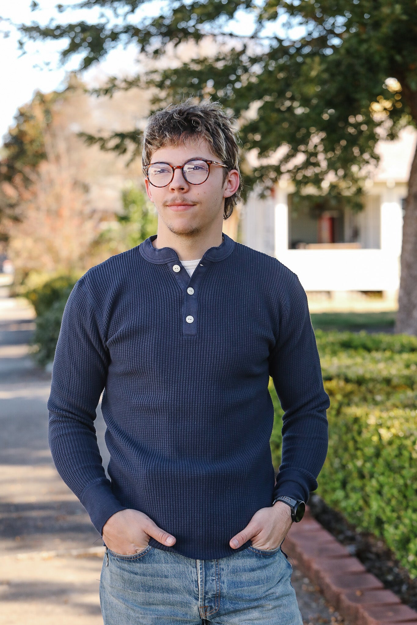 IHTL-1213-NVY Waffle Knit Long Sleeved Thermal Henley - Navy