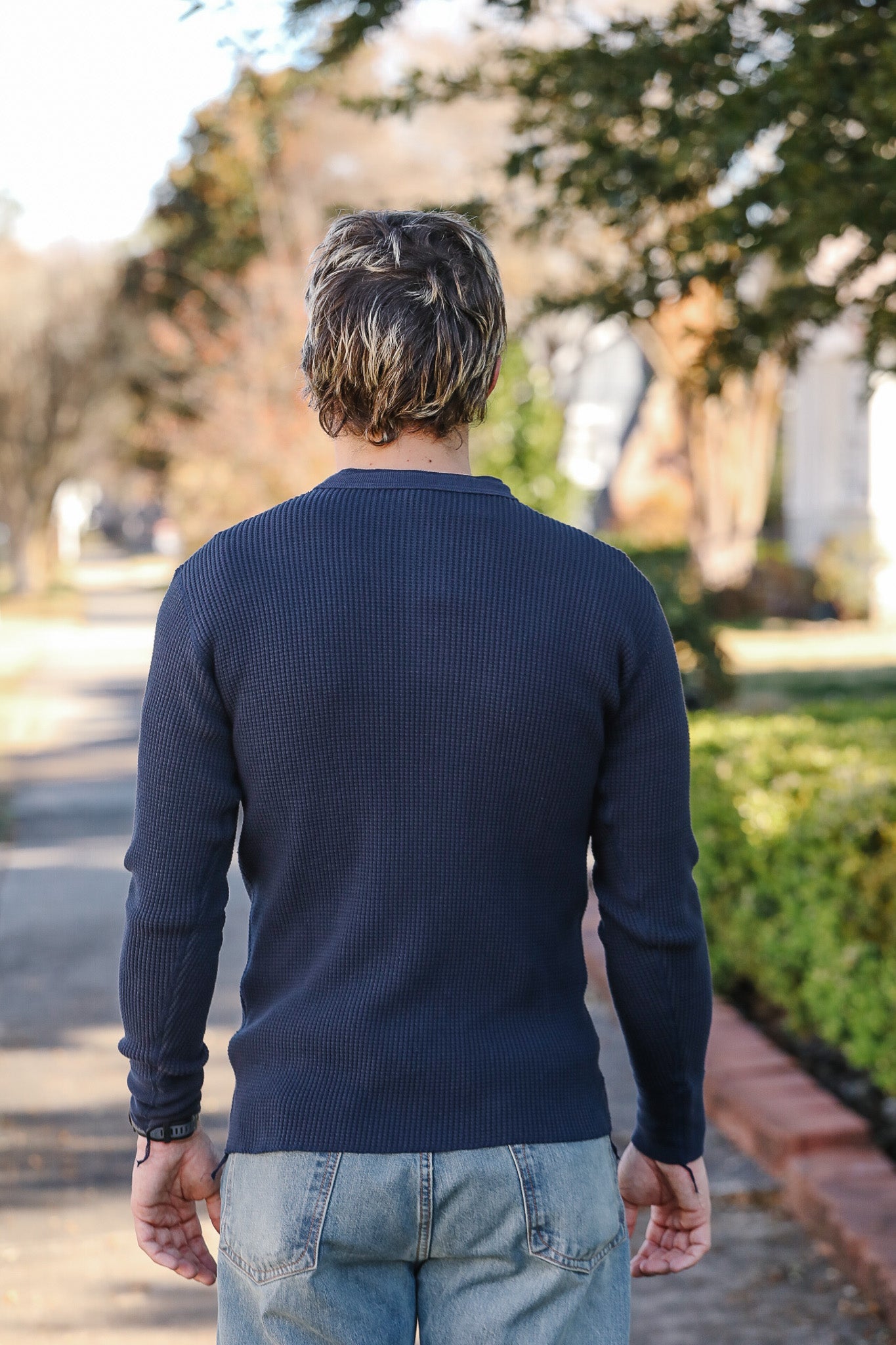 IHTL-1213-NVY Waffle Knit Long Sleeved Thermal Henley - Navy