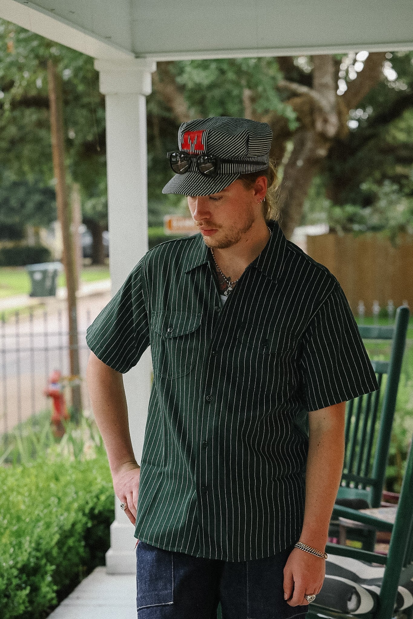 SC38699 Sugar Cane Coke Stripe Short Sleeve Work Shirt- Green