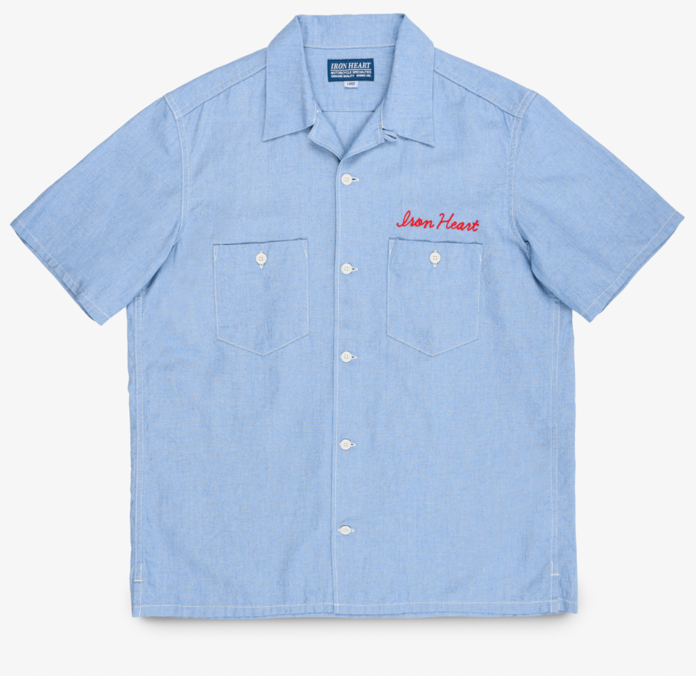 NLS1831 　IRON HEART カジュアルシャツ　Sサイズ IHSH-447-SAX Iron Heart 5oz Cotton Linen Open Collar Short Sleeve