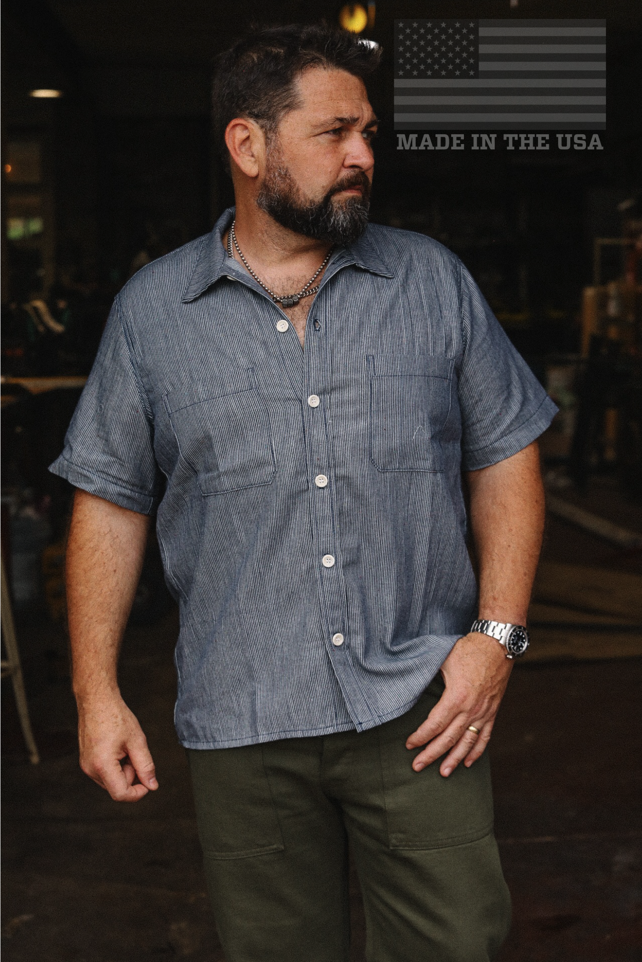 Short Sleeve Shop Shirt- Rainbow Nep Hickory Stripe – Iron Shop