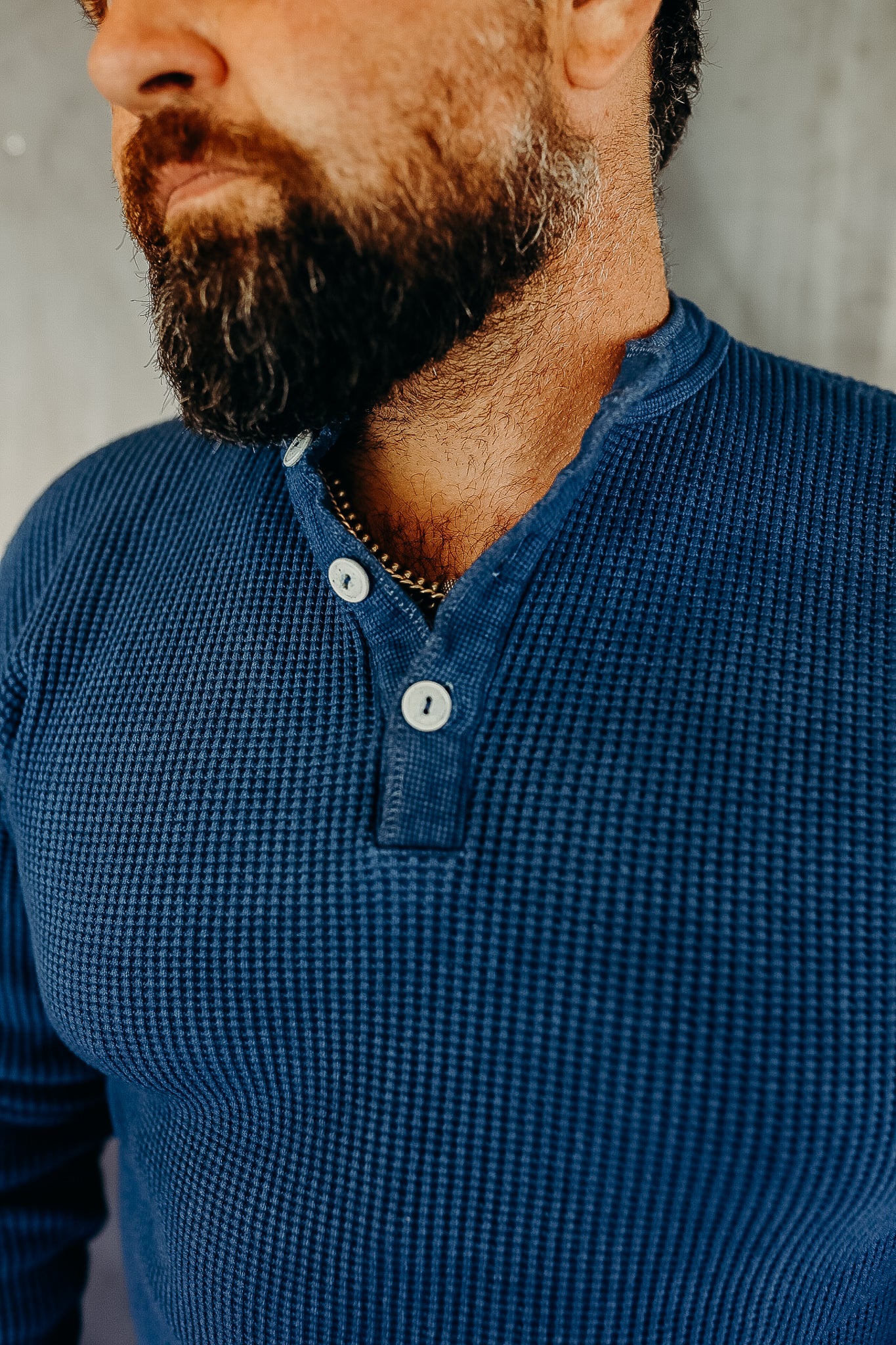 1213 Waffle Knit Long Sleeved Thermal Henley - Indigo Dyed IHTL 