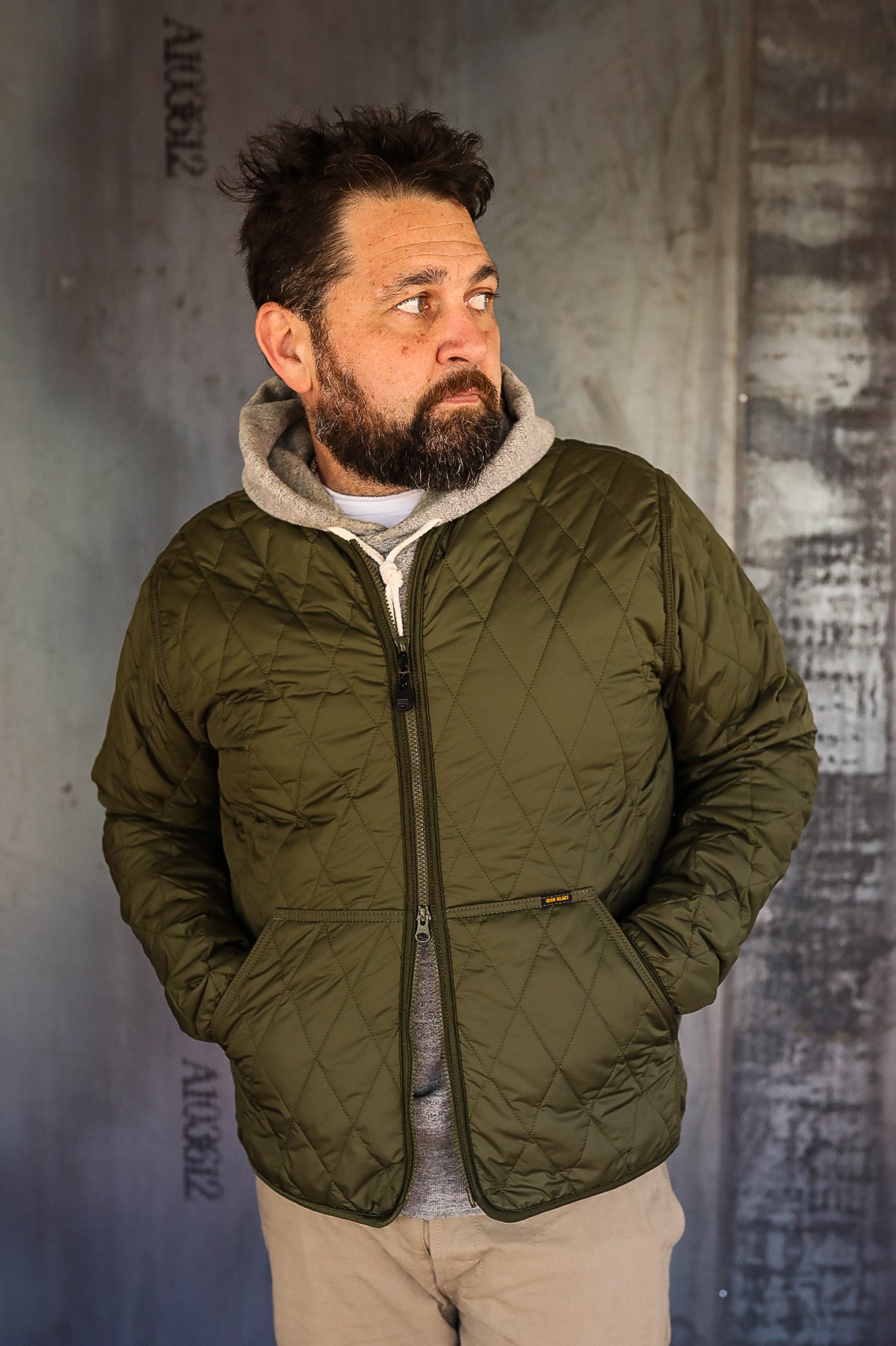 Collarless Lightweight Quilted Jacket - Olive