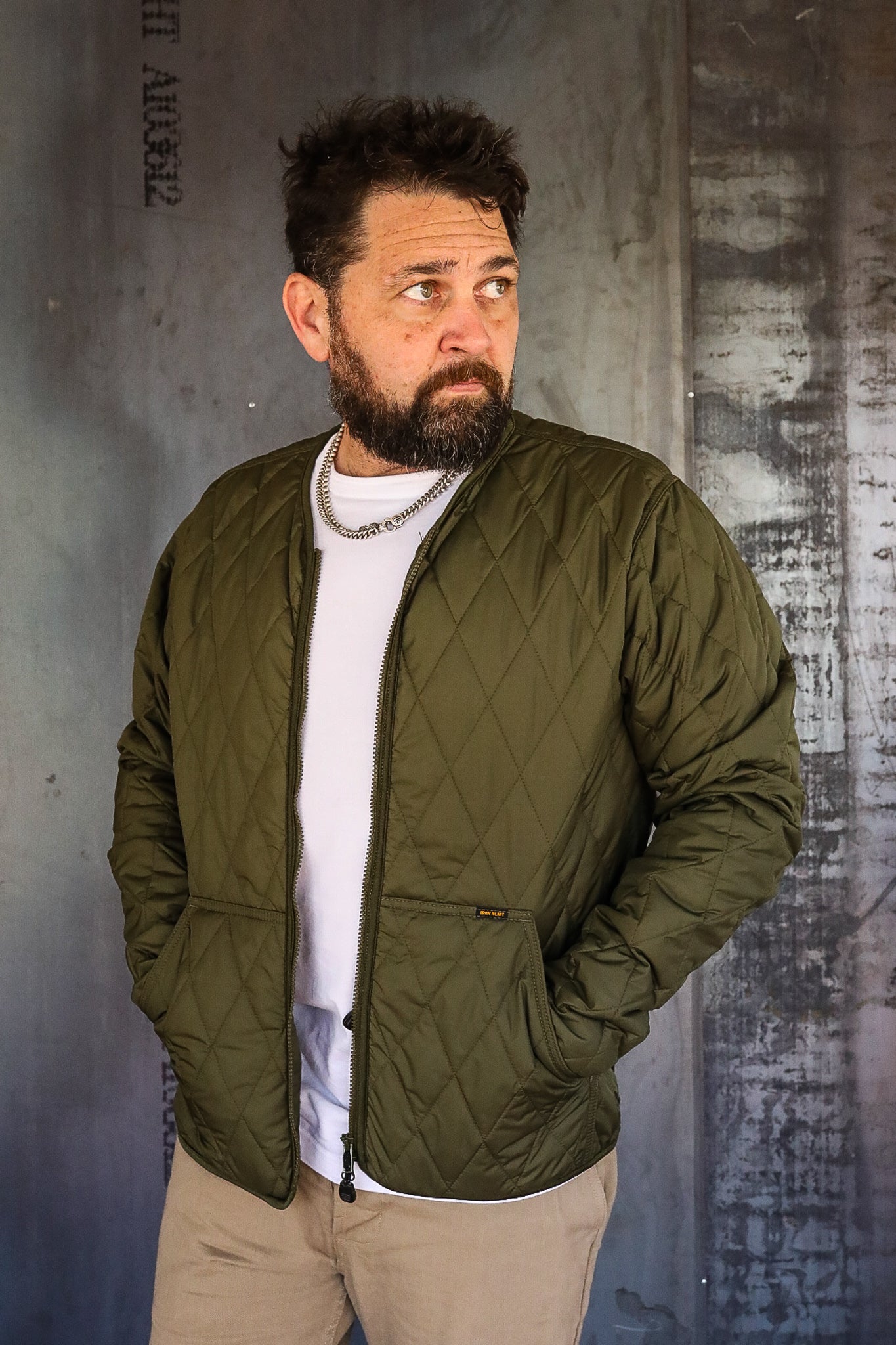 Collarless Lightweight Quilted Jacket - Olive