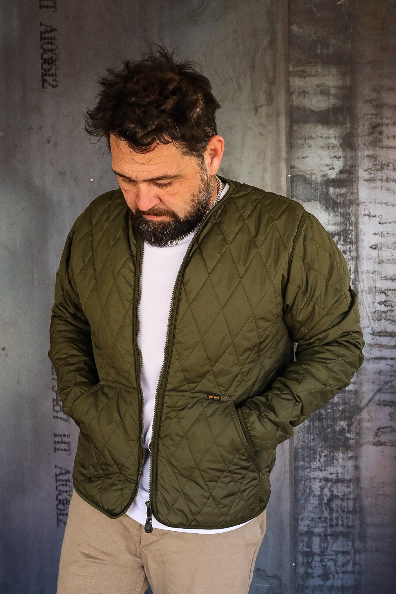 Collarless Lightweight Quilted Jacket - Olive