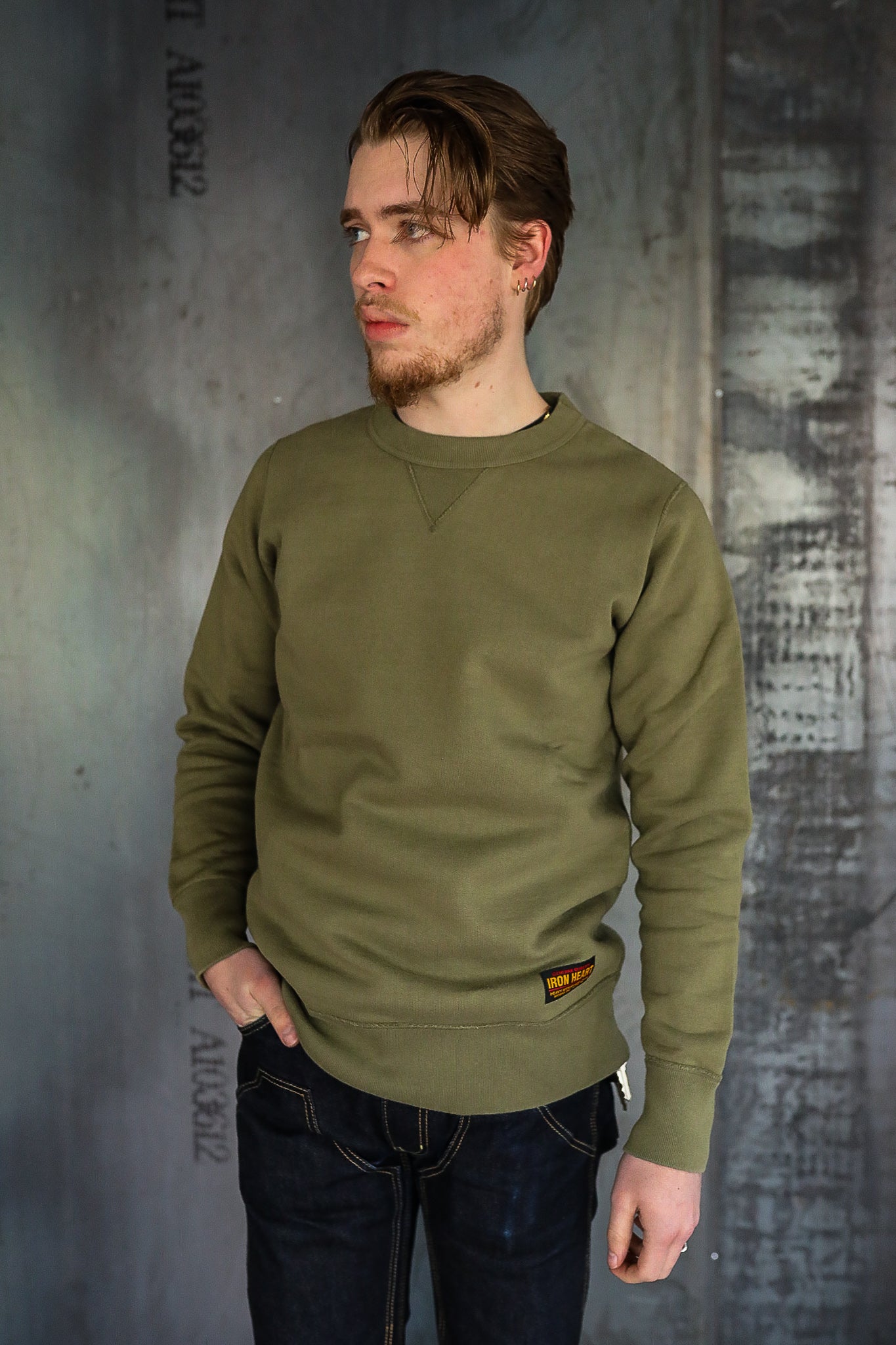 14oz Ultra Heavyweight Loopwheel Cotton Crew Neck Sweat - Olive IHSW-69L-OLV