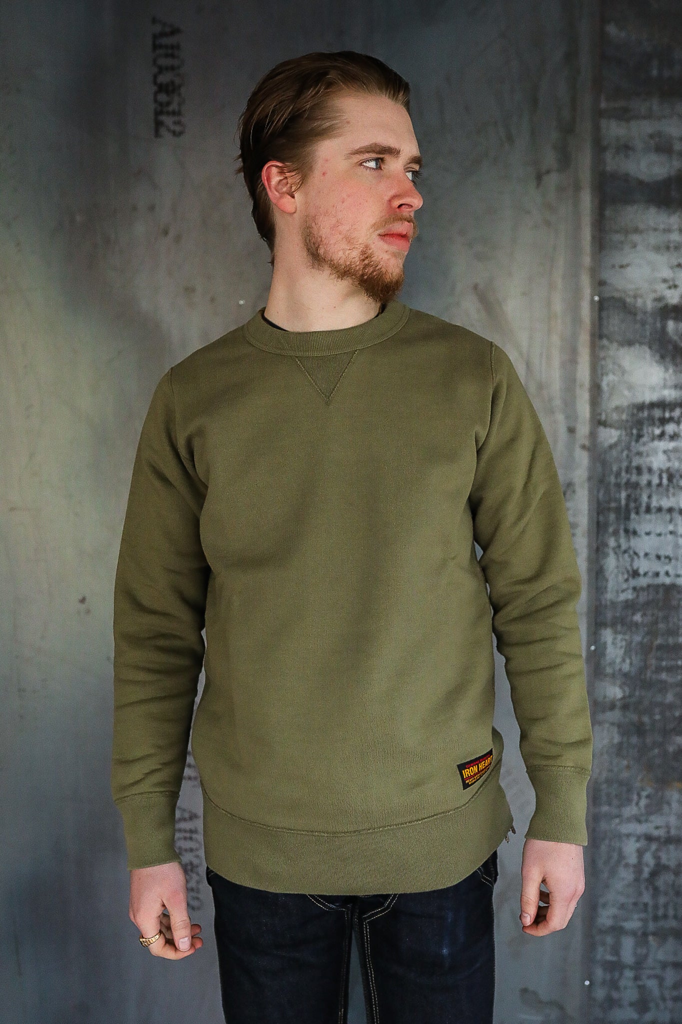 14oz Ultra Heavyweight Loopwheel Cotton Crew Neck Sweat - Olive IHSW-69L-OLV