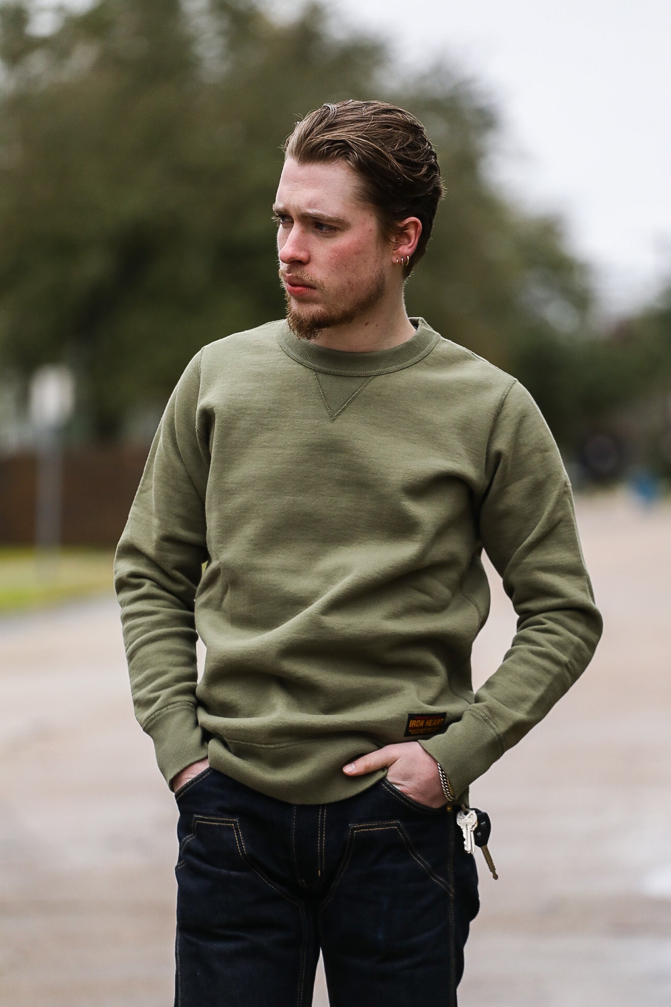 14oz Ultra Heavyweight Loopwheel Cotton Crew Neck Sweat - Olive IHSW-69L-OLV