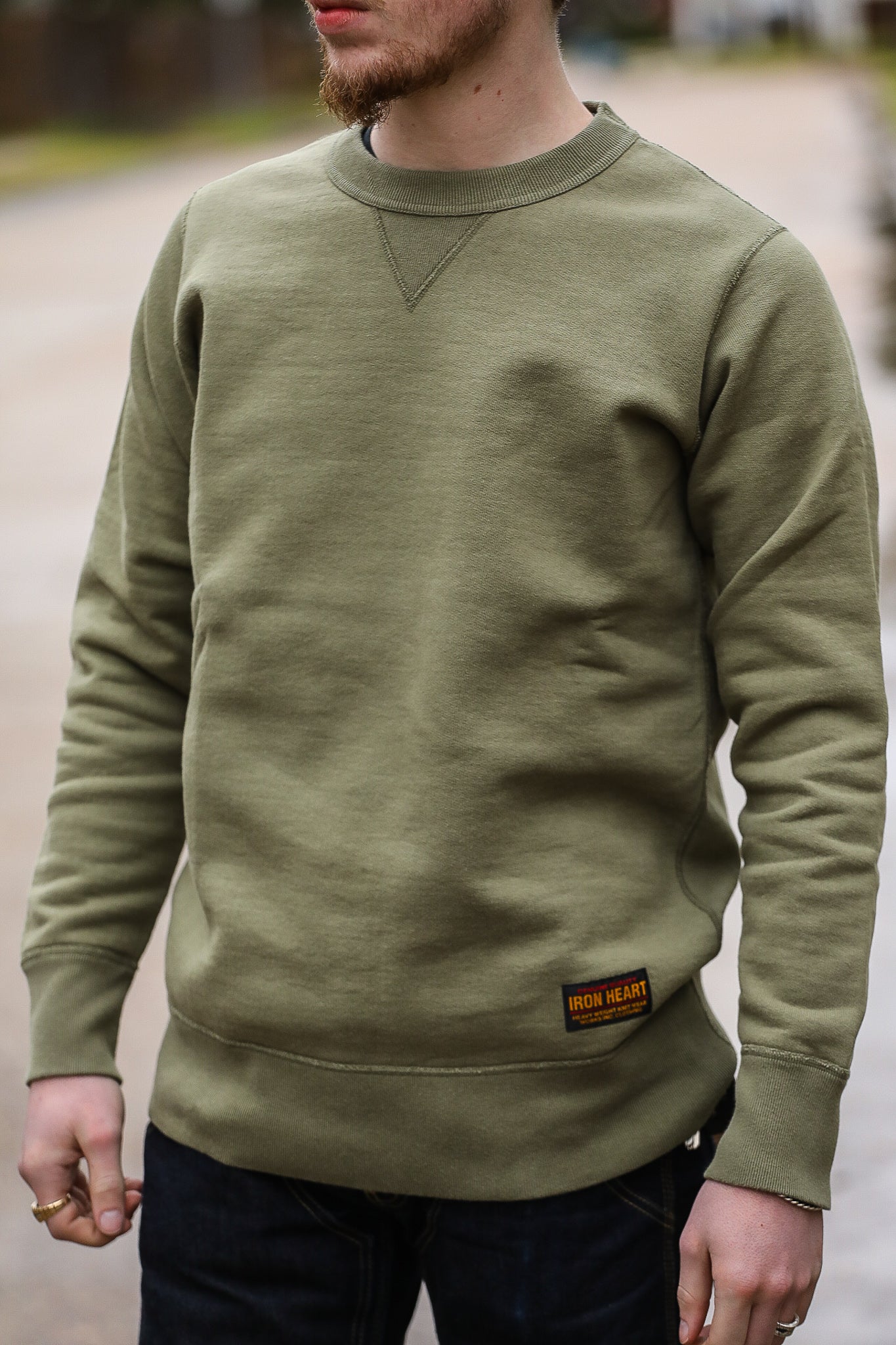 14oz Ultra Heavyweight Loopwheel Cotton Crew Neck Sweat - Olive IHSW-69L-OLV