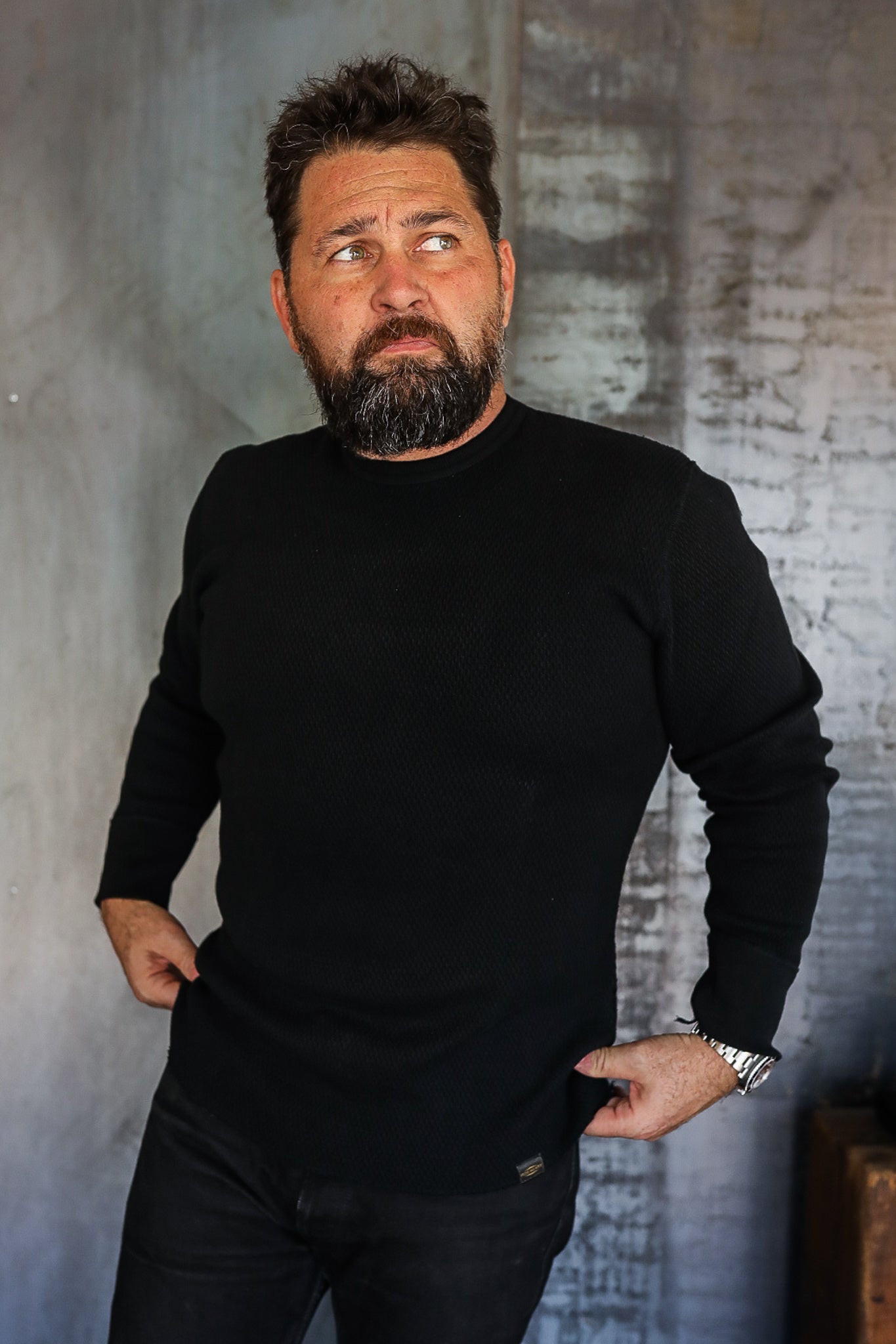 1700 Cotton Knit Crew Neck Long Sleeved Thermal Sweater - Black