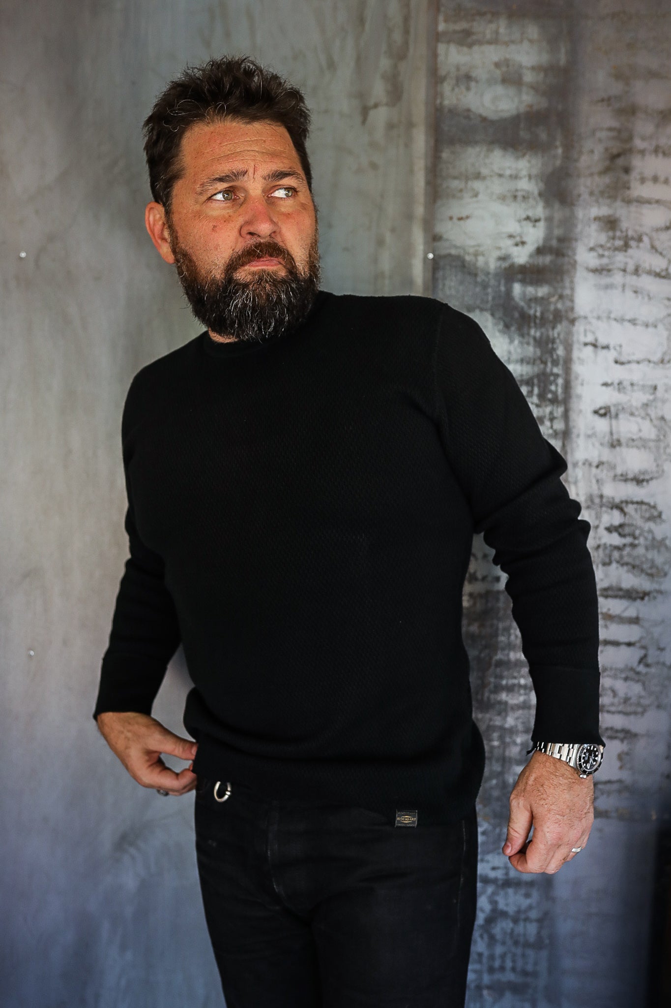 1700 Cotton Knit Crew Neck Long Sleeved Thermal Sweater - Black