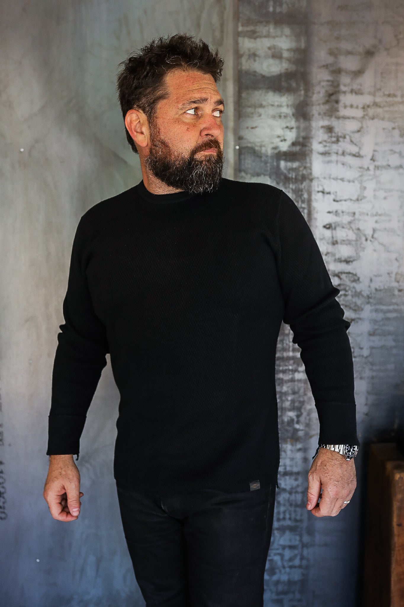 1700 Cotton Knit Crew Neck Long Sleeved Thermal Sweater - Black