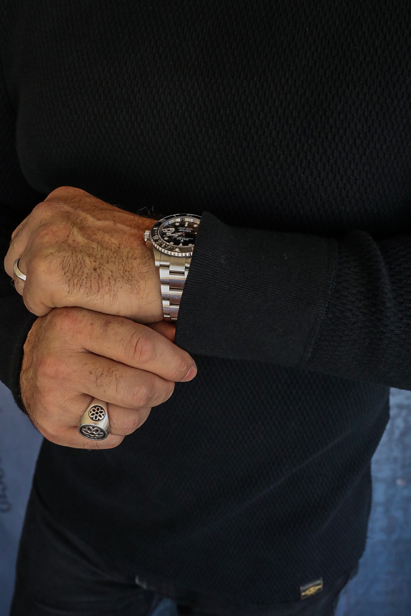 1700 Cotton Knit Crew Neck Long Sleeved Thermal Sweater - Black