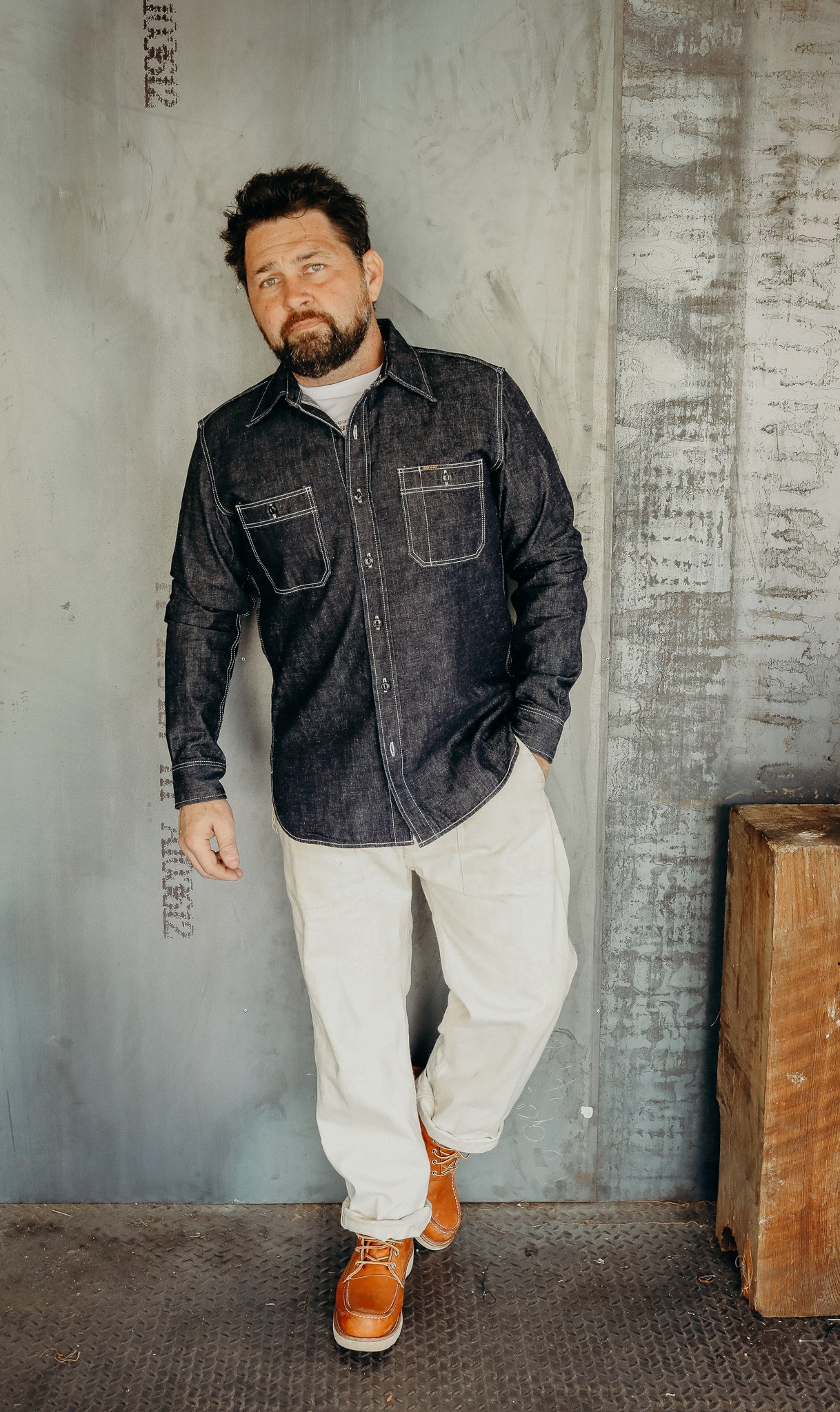 Auralee Selvedge Light Oz Denim Shirt Medium Washed Indigo
