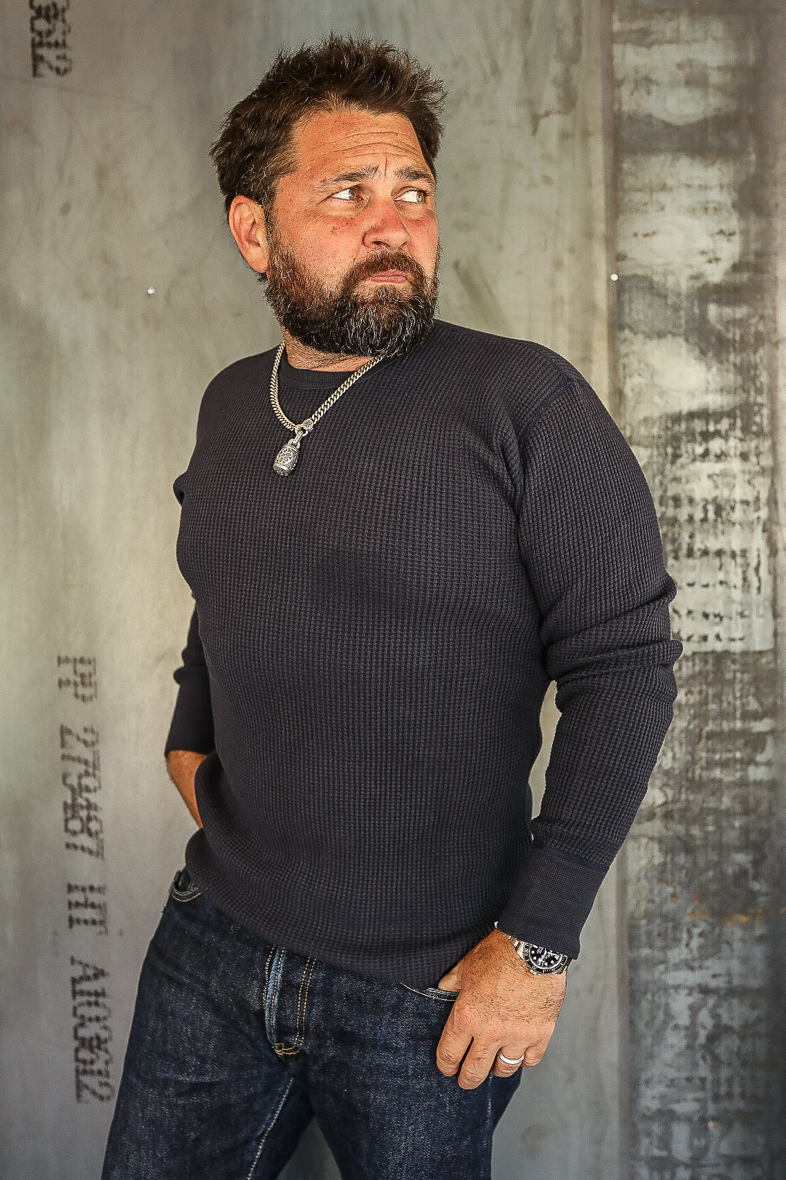 IHTL-1301-NAV 1301 Waffle Knit Long Sleeved Crew Neck Thermal Top