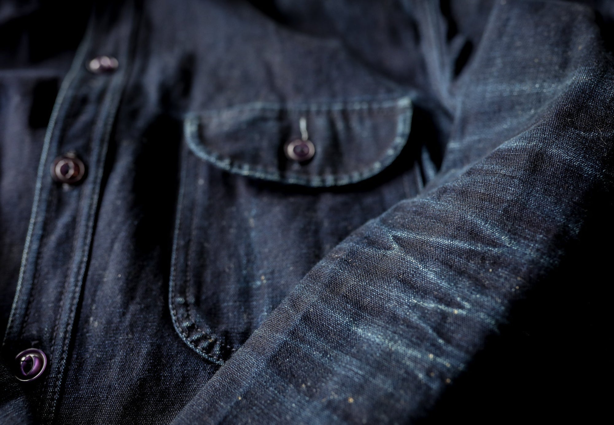 Close-up of dark denim jacket sleeve and buttoned chest pocket with detailed stitching