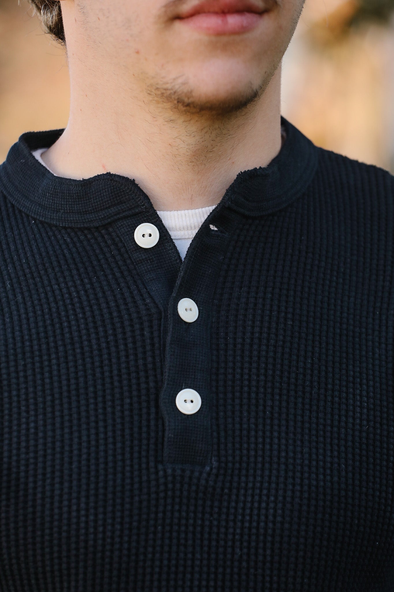 IHTL-1213-BLK Waffle Knit Long Sleeved Thermal Henley - Black