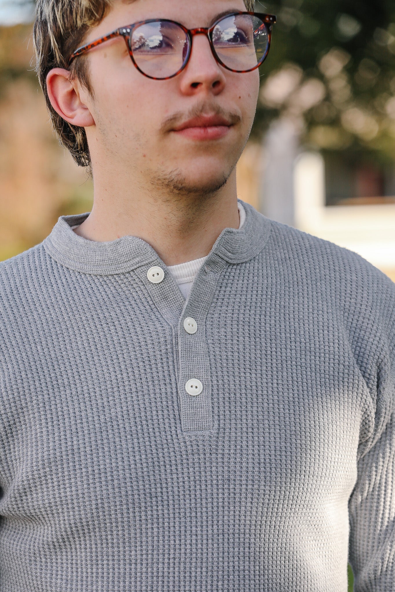 IHTL-1213-GRY Waffle Knit Long Sleeved Thermal Henley - Grey 