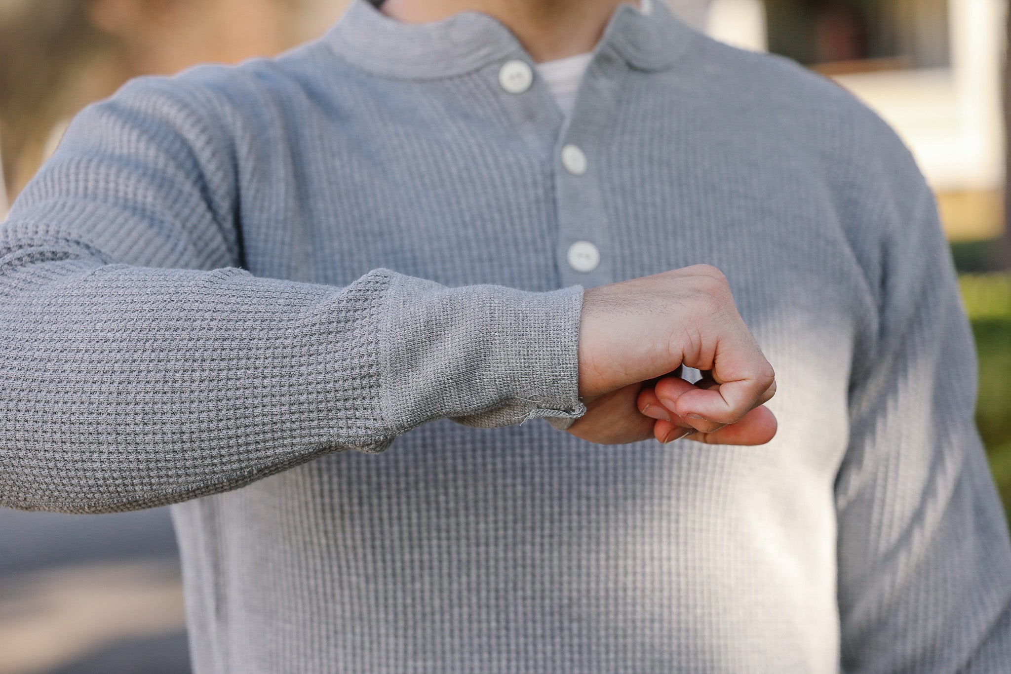 IHTL-1213-GRY Waffle Knit Long Sleeved Thermal Henley - Grey