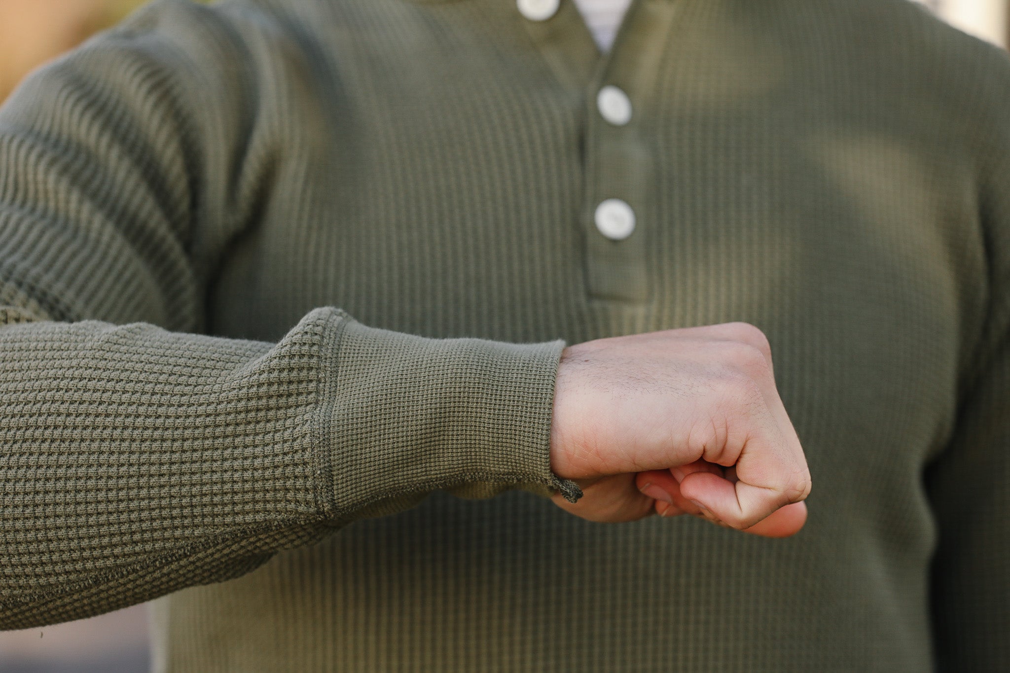 IHTL-1213-OLV Waffle Knit Long Sleeved Thermal Henley - Olive