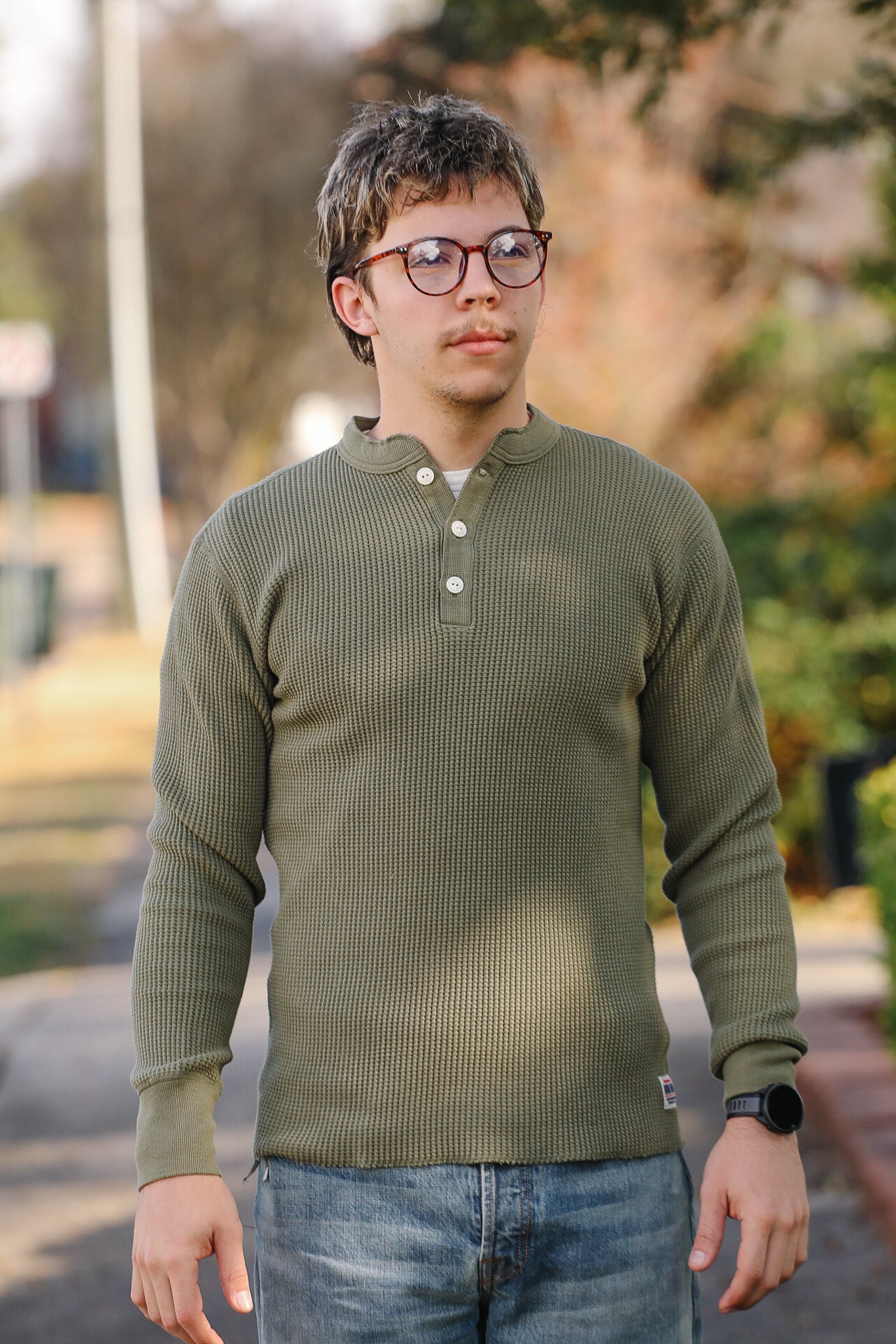 IHTL-1213-OLV Waffle Knit Long Sleeved Thermal Henley - Olive