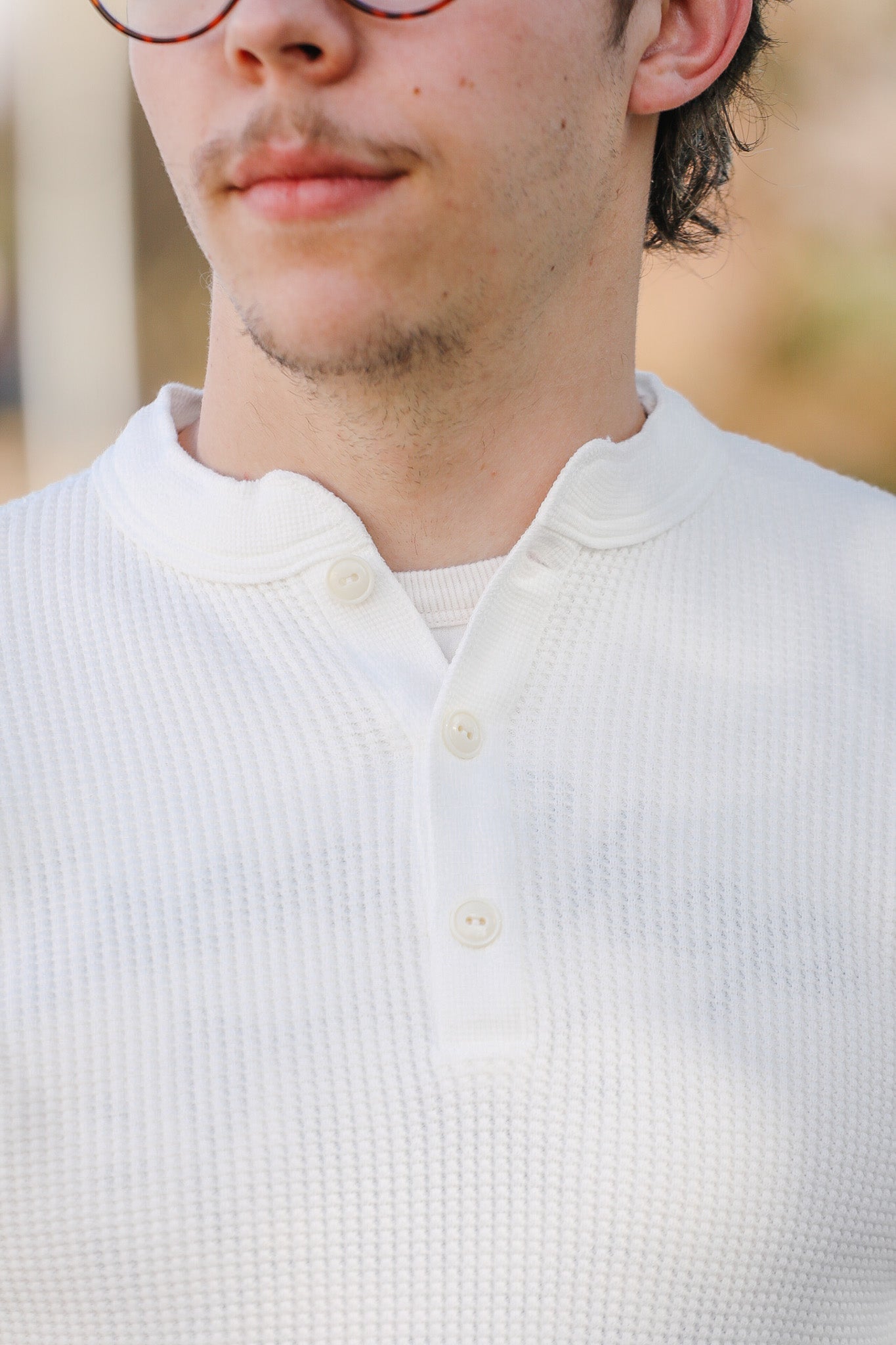 IHTL-1213-WHT Waffle Knit Long Sleeved Thermal Henley - White