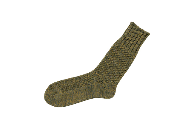 single olive green knit wool sock with textured pattern and ribbed cuff
