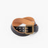 Black leather belt with double prong brass buckle and multiple adjustment holes, stylish and durable