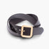 Dark brown leather belt with square brass buckle and embossed logo on white background