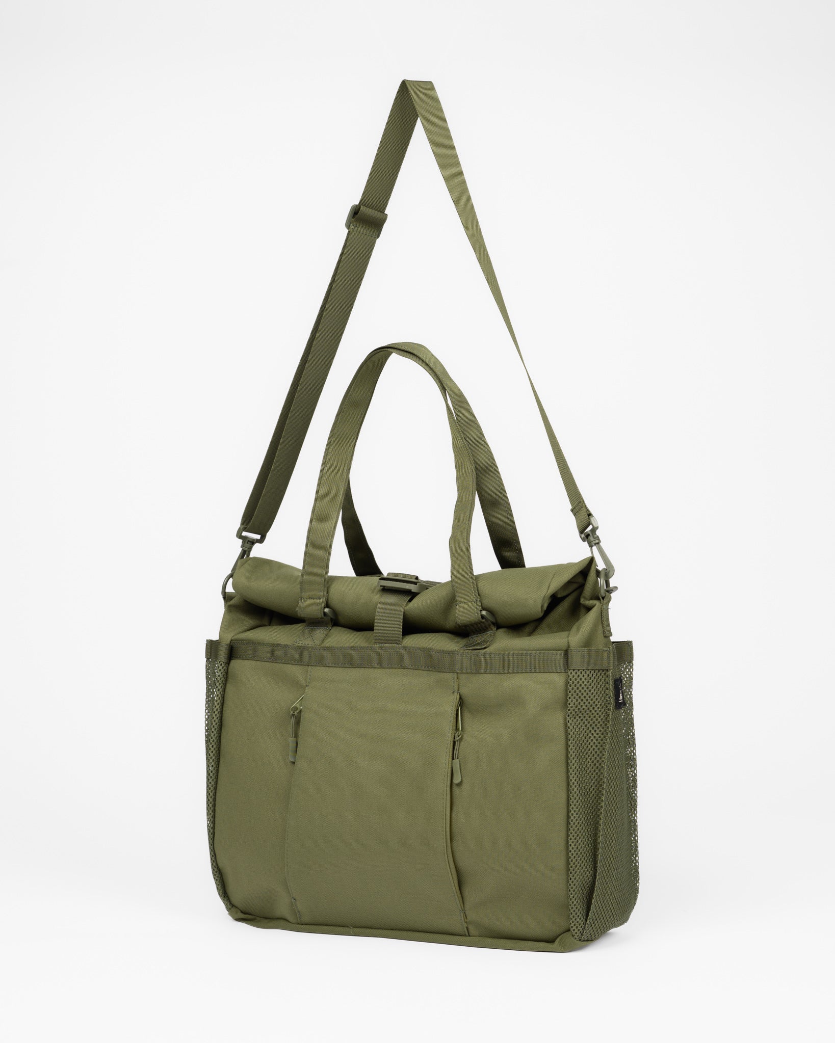 An olive green roll-top duffel bag with dual top handles, a detachable shoulder strap, and zippered side pockets, shown against a plain white background.