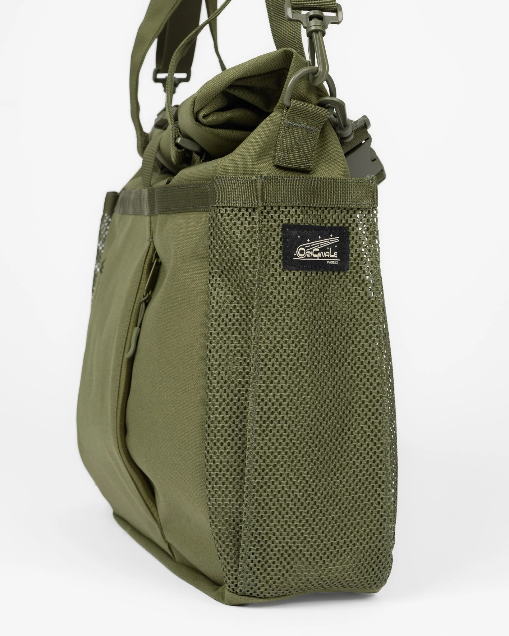 An olive green roll-top bag with a perforated mesh front panel, side zipper pocket, and adjustable shoulder strap, shown against a plain white background.