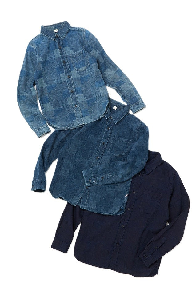 2239-ID Pure Blue Japan Jacquard BORO Patchwork Shirt - Double Indigo