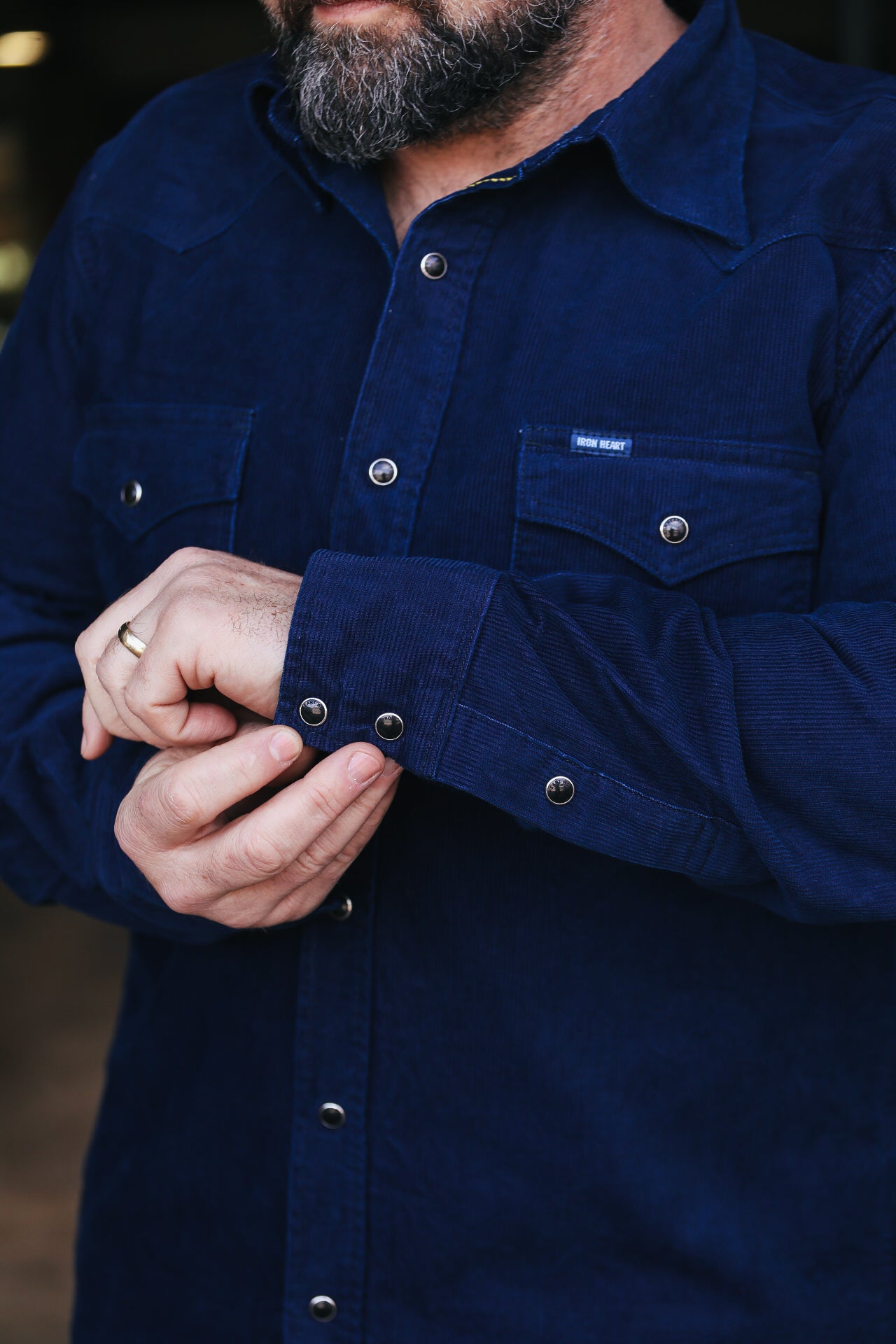 IHSH-438-IND Iron Heart 7.5oz Selvedge Corduroy Western Shirt - Indigo