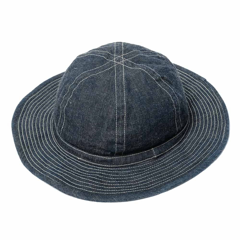 Blue denim bucket hat on a white background