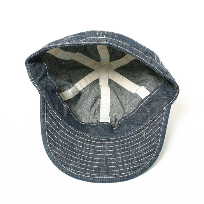 Blue denim cap with a white interior on a white background