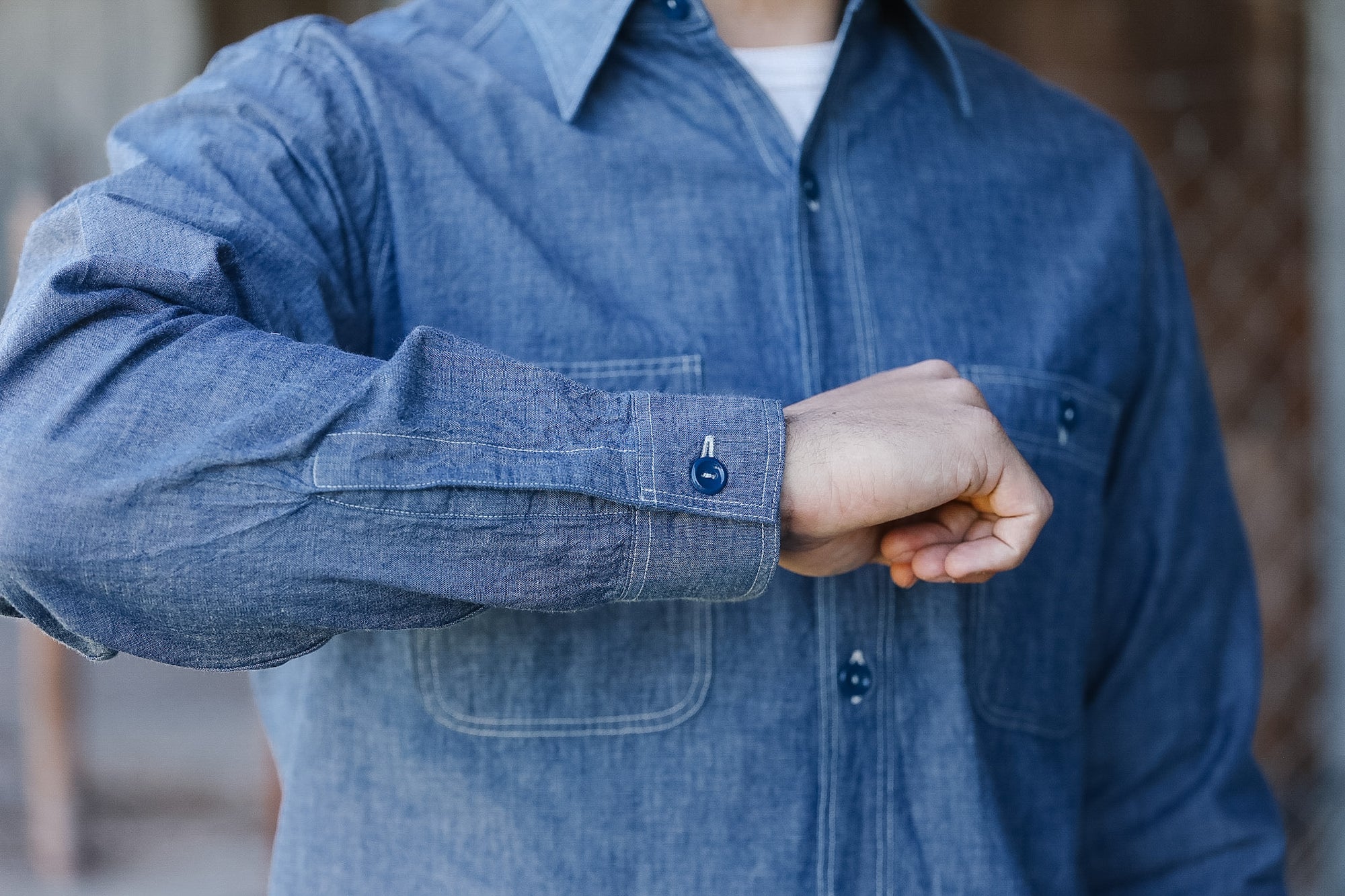 Up close of blue sleeve detail