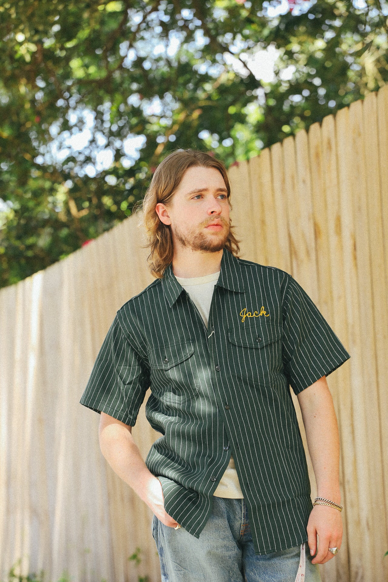 Coke Stripe Embroidered Short Sleeve Work Shirt- Green (SC39528