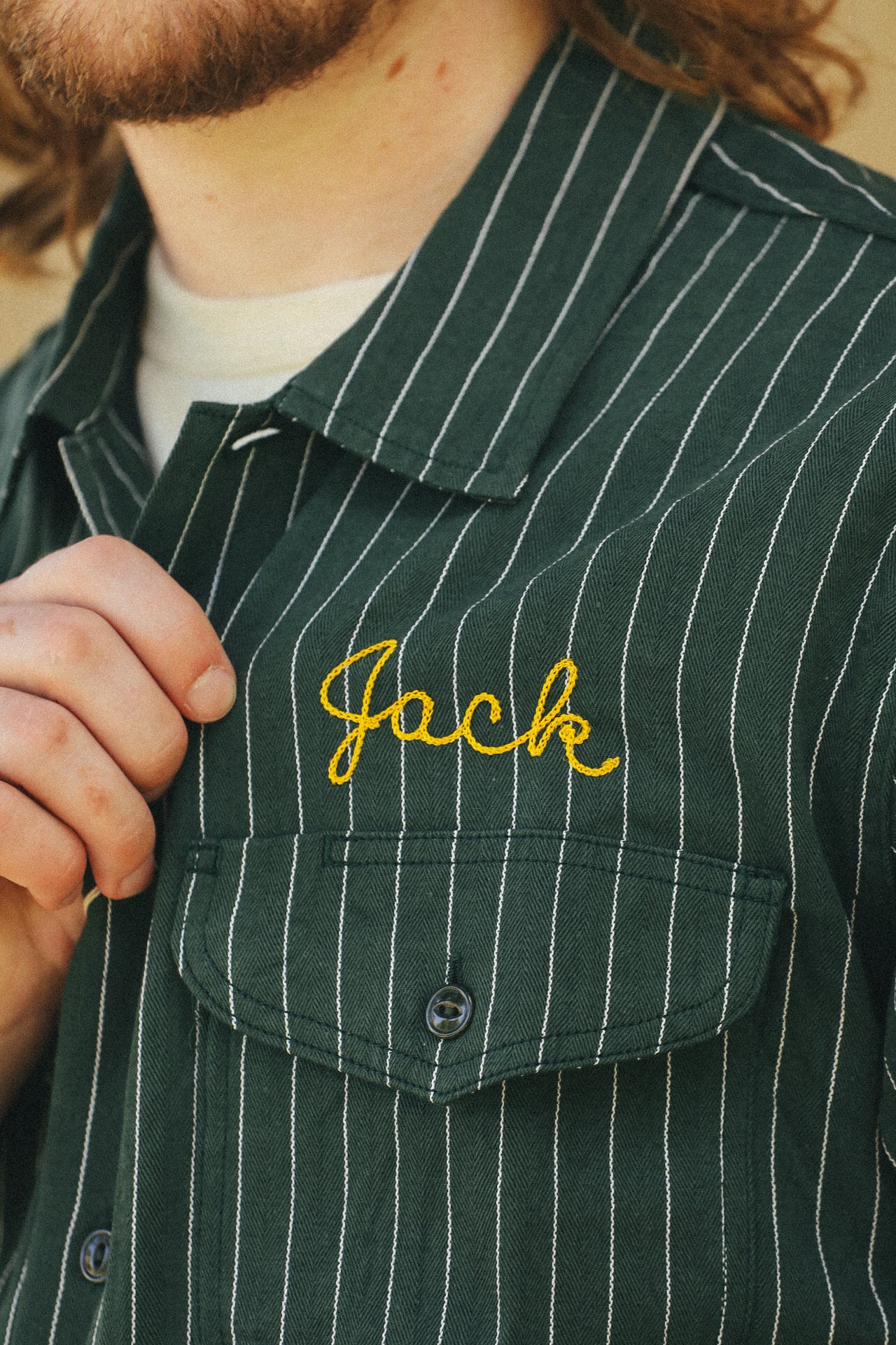 Coke Stripe Embroidered Short Sleeve Work Shirt- Green (SC39528