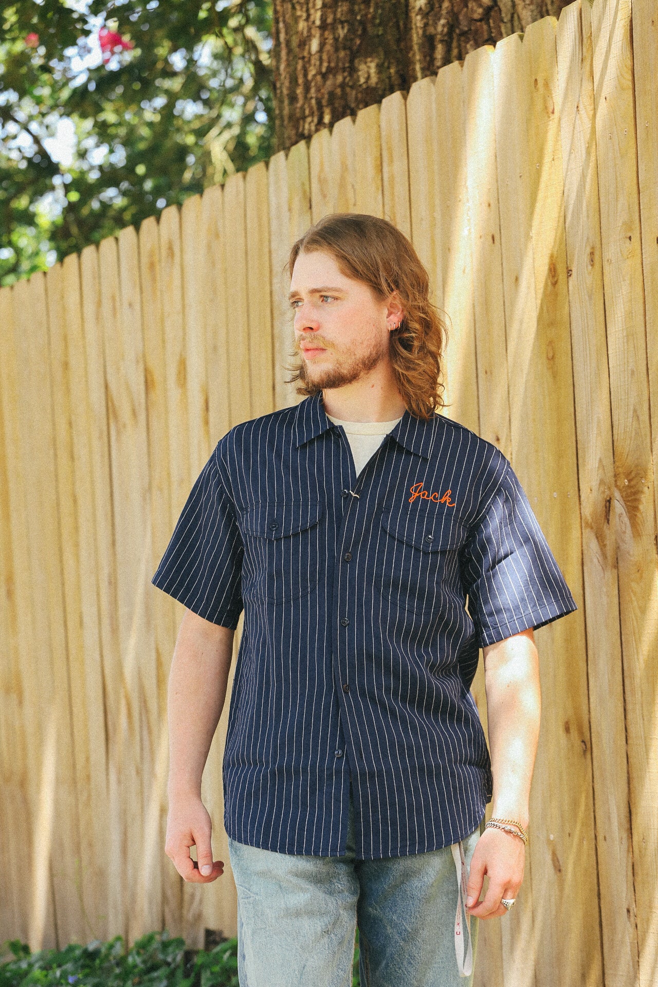 Coke Stripe Embroidered Short Sleeve Work Shirt- Navy (SC39528
