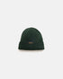 Dark green wool knit watch cap beanie with folded cuff and small black label on front