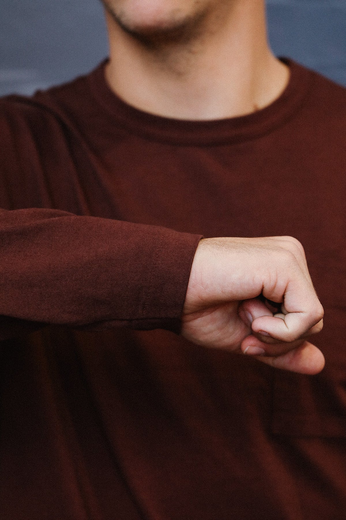 close up detail of Burgundy t-shirt