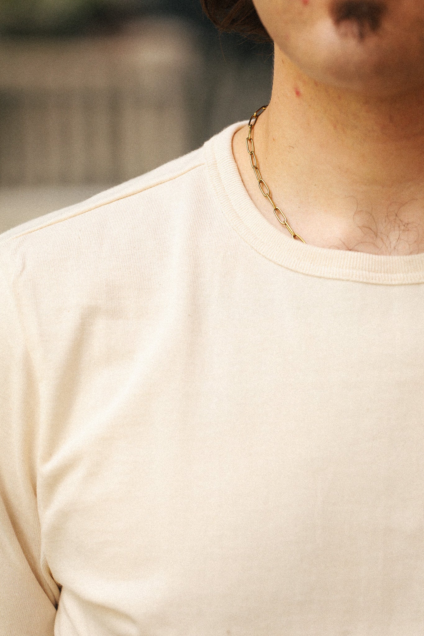 Close-up of a person wearing a cream-colored crewneck t-shirt and a gold chain necklace, with a blurred outdoor background.