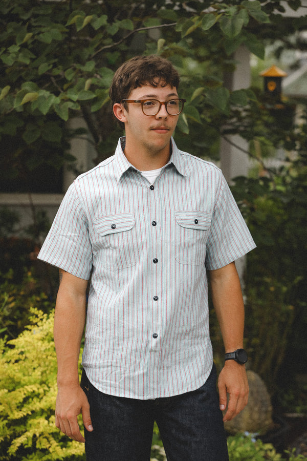 SC39306 Sugar Cane Short Sleeve Work Shirt- Dobby Stripe Blue