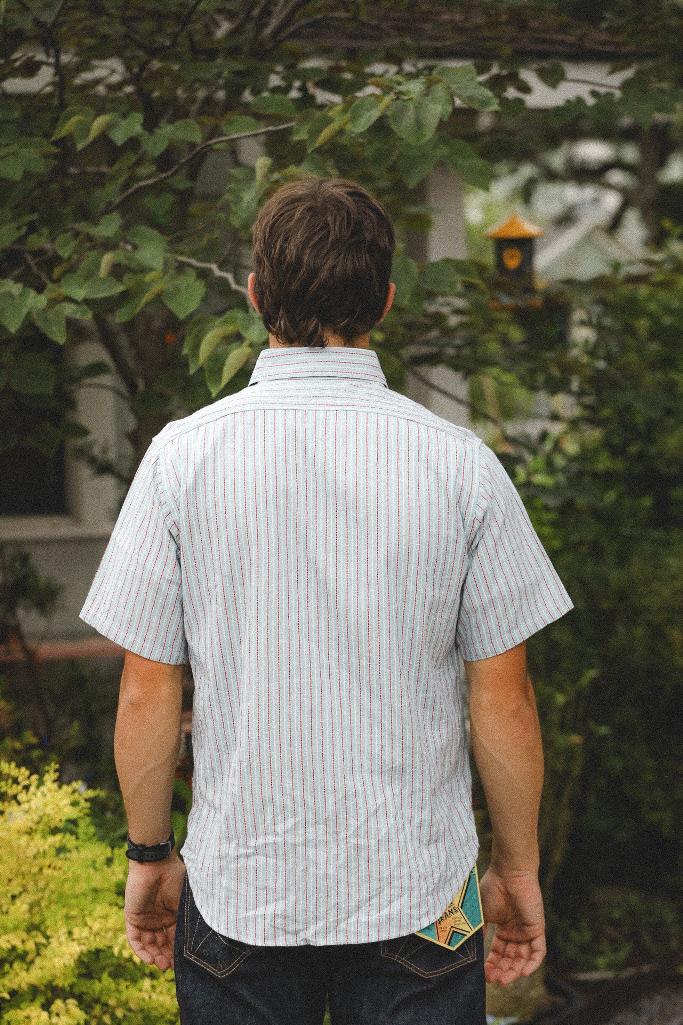 Man wearing a striped shirt standing outdoors with greenery around
