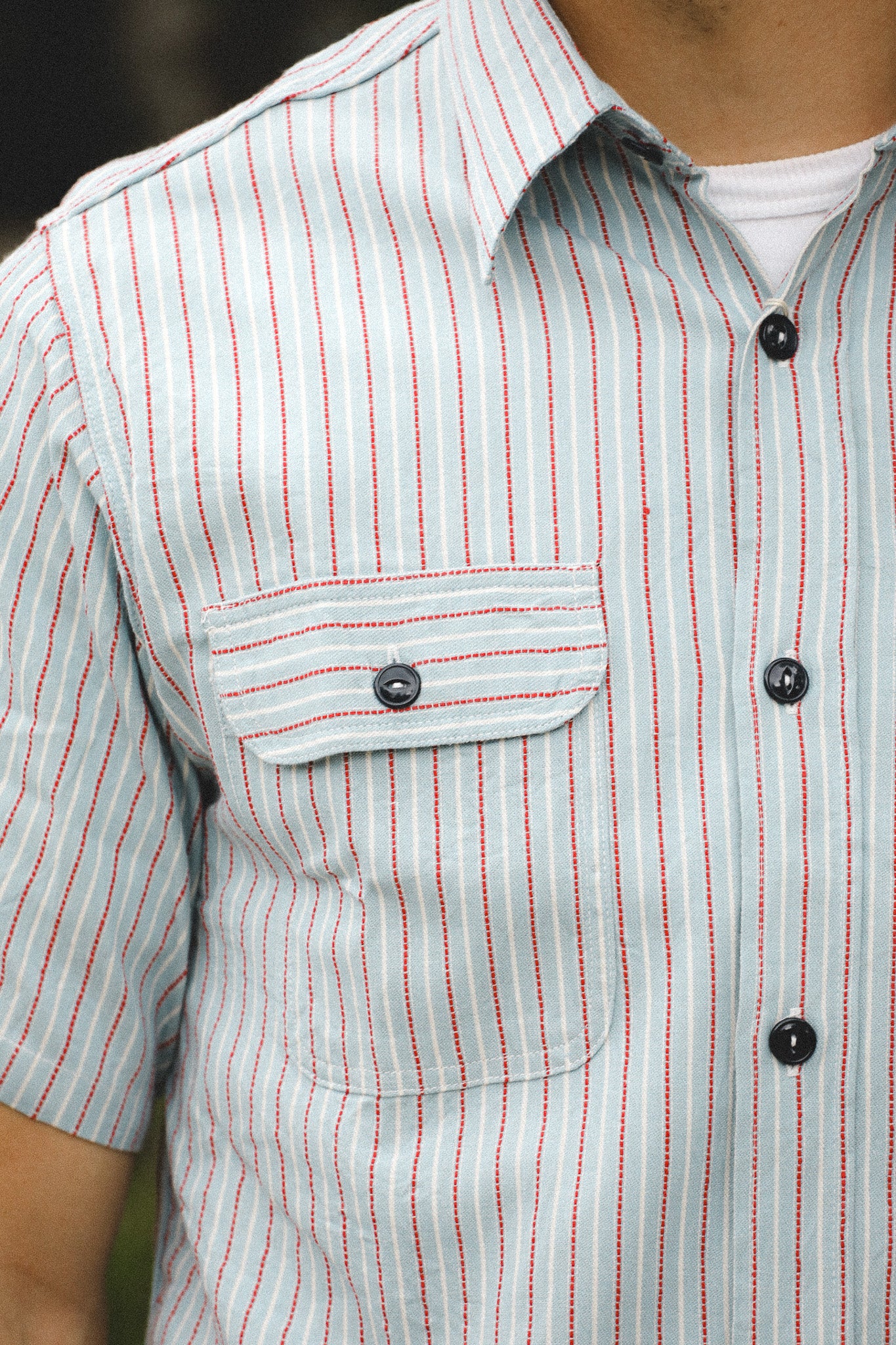 SC39306 Sugar Cane Short Sleeve Work Shirt- Dobby Stripe Blue
